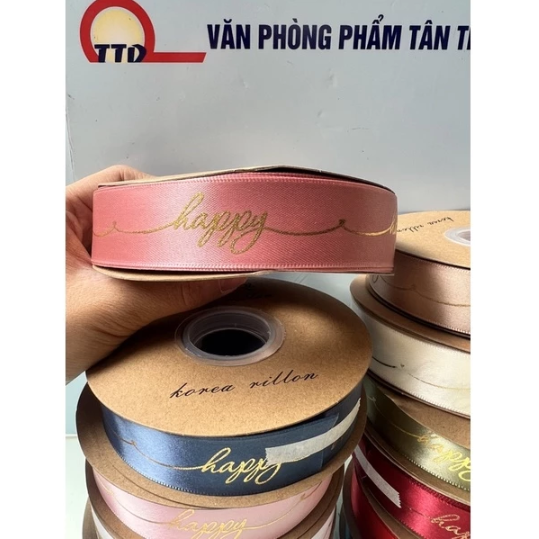 Ruy Băng Lụa In Chữ Happy Bản 2,5cm- Cuộn To Loại đẹp