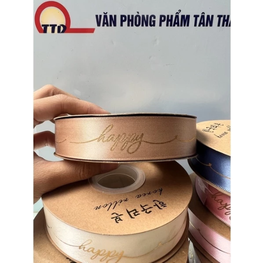 Ruy Băng Lụa In Chữ Happy Bản 2,5cm- Cuộn To Loại đẹp