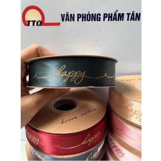 Ruy Băng Lụa In Chữ Happy Bản 2,5cm- Cuộn To Loại đẹp