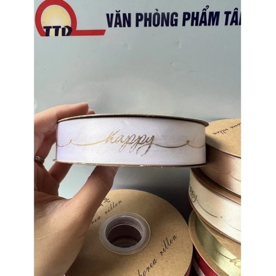 Ruy Băng Lụa In Chữ Happy Bản 2,5cm- Cuộn To Loại đẹp