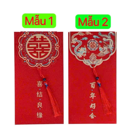 Set 2 chiếc Lì Xì đỏ mừng đám cưới, mừng năm mới - Lì Xì đỏ kèm tua rua giấy nhũ cao cấp và sang trọng