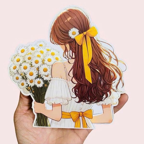 Banner cô gái cầm bó hoa - Gắn bó hoa, Decor bánh sinh nhật - Trang trí bó hoa (Ngẫu nhiên)