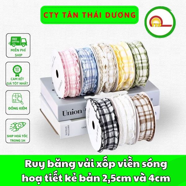 Ruy băng vải xốp - viền sóng- hoạ tiết kẻ - duy băng vải xốp - viền bèo- bản 2,5cm và 4cm