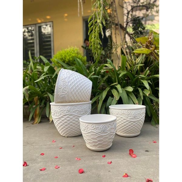 (Loại dày)Chậu trồng cây - Chậu trồng cây tròn, hoạ tiết hoa hồng mắt lưới - Chậu trồng cây nhựa giả sứ - Chậu trồng hoa