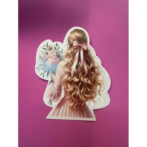 Banner cô gái cầm bó hoa - Gắn bó hoa, Decor bánh sinh nhật - Trang trí bó hoa (Ngẫu nhiên)