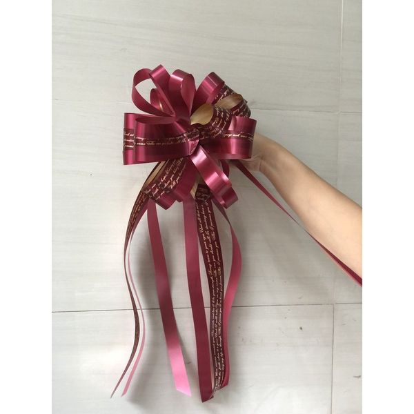 hộp 10 chiếc NƠ RÚT TÚ CẦU IN CHỮ -TRANG TRÍ GIỎ QUÀ, XE HOA CÔ DÂU