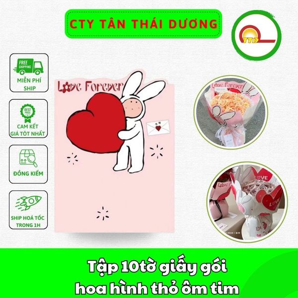 (Tập 10 tờ) GIẤY GÓI HOA  hình thỏ ôm tim . khổ 38cm*52cm .