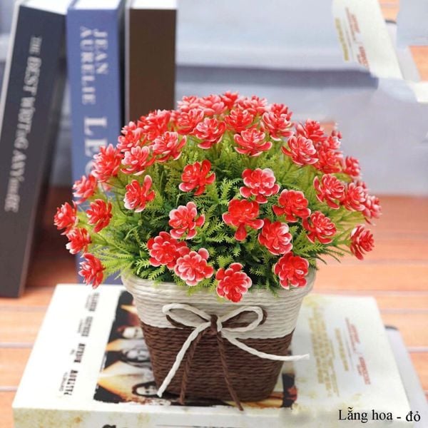 Chậu hoa - Chậu hoa tú cầu thắt nơ - Chậu hoa giả để bàn, Decor trang trí nhà cửa