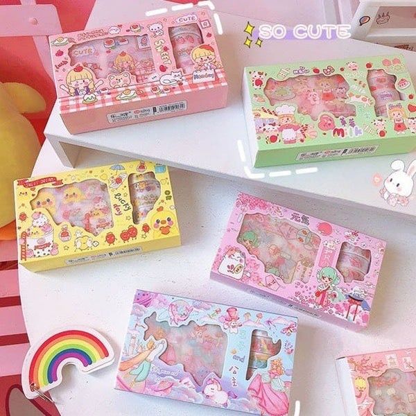 Hộp sticker và băng keo dán trang trí hoạ tiết hoạt hình dễ thương