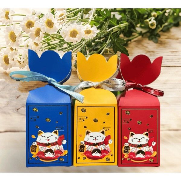 Vỏ Hộp Kẹo Nơ .Vỏ Hộp Mèo Thần Tài . Đựng Bánh Kẹo . Trang Trí Hộp Quà Tết Sang Trọng