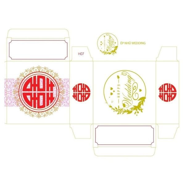 Hộp đựng bánh cốm, Vỏ Hộp bánh phu thê - in chữ Wedding - Mặt trước in nhũ cực đẹp