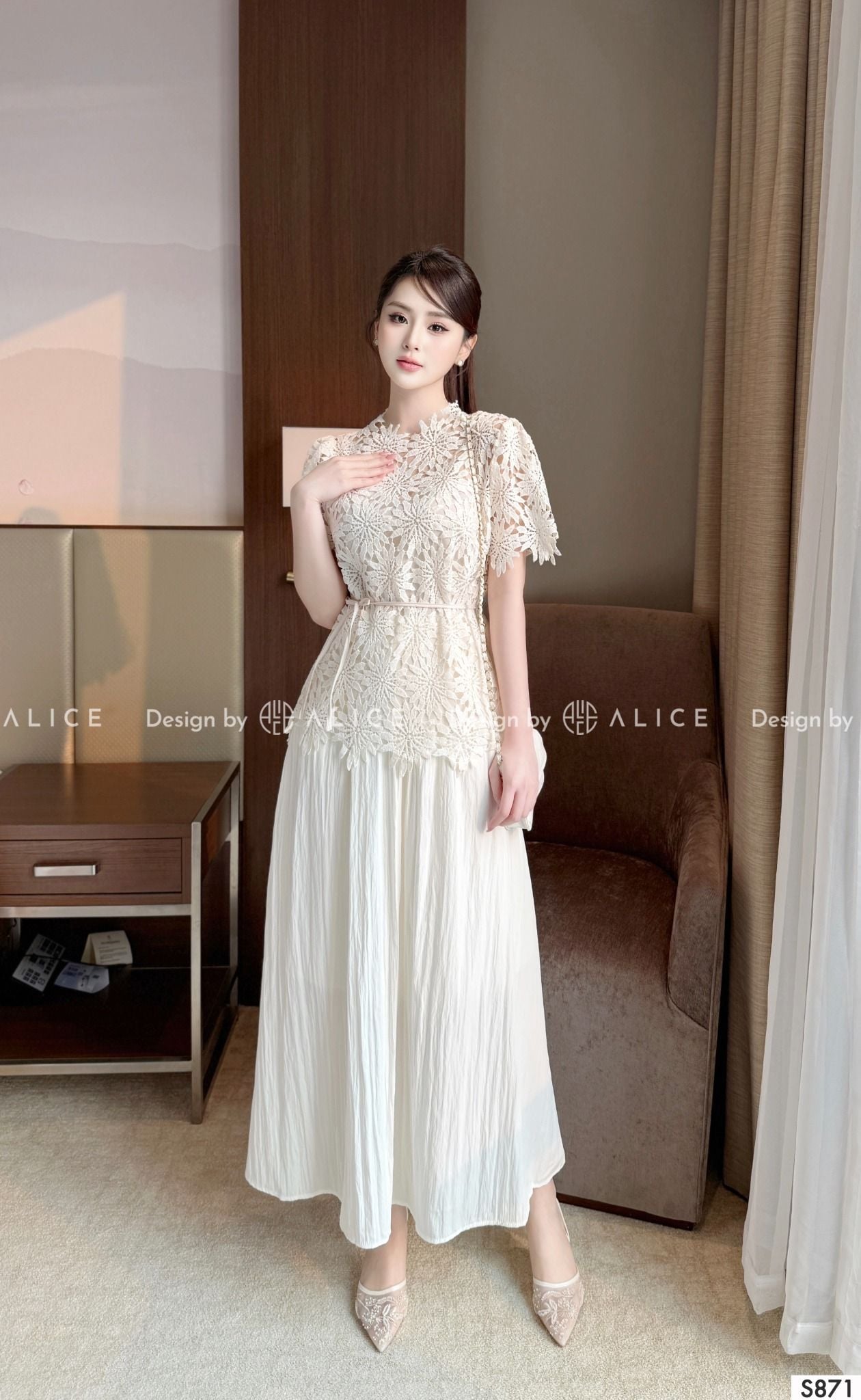  Set Áo Chất Ren Chân Váy Chất Tơ Nhăn S871 