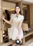  Váy Chất Tơ Bọt Chấm Bi Lót Lụa, Cổ Đính Đá, Kèm Nơ V1369 