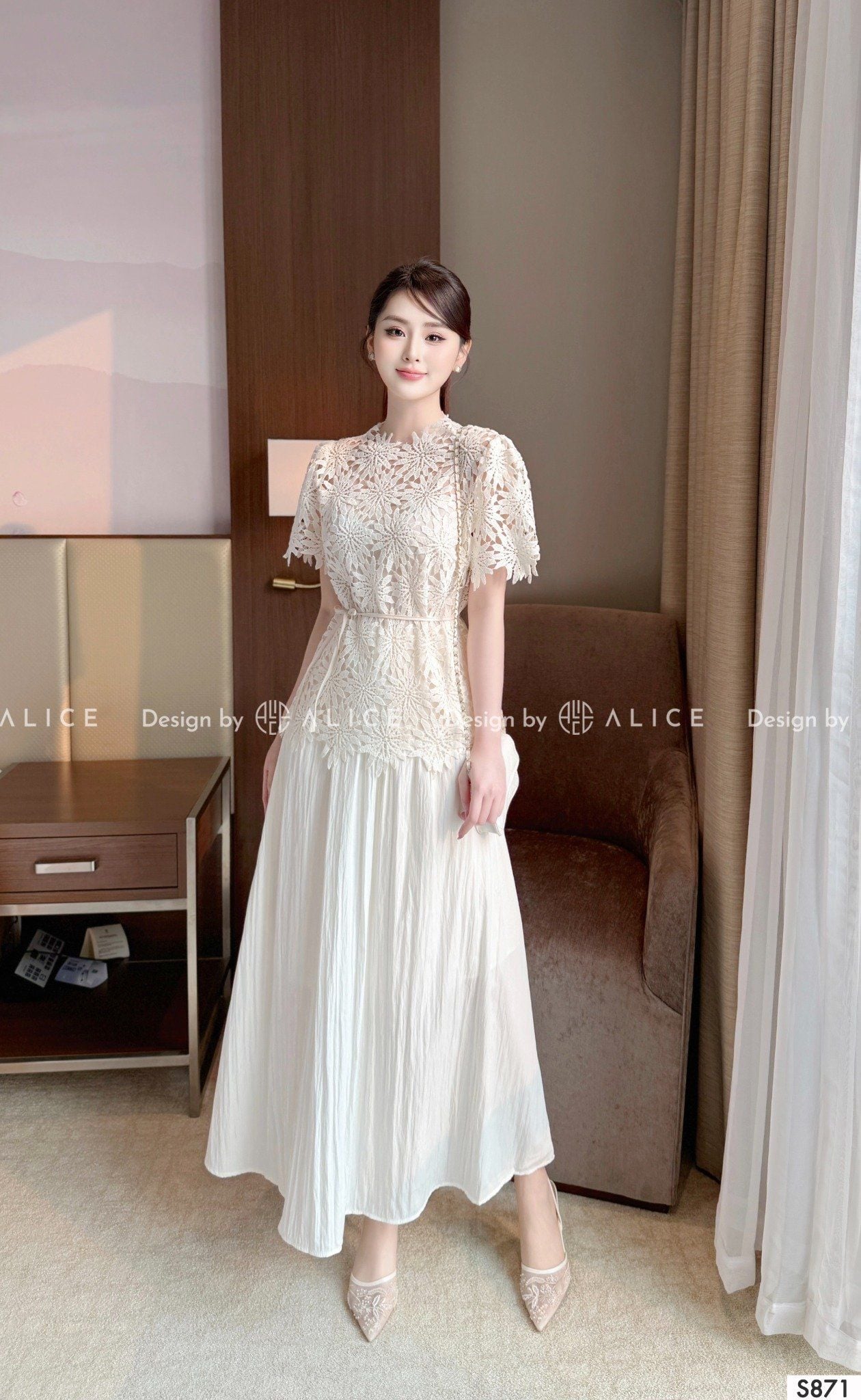  Set Áo Chất Ren Chân Váy Chất Tơ Nhăn S871 