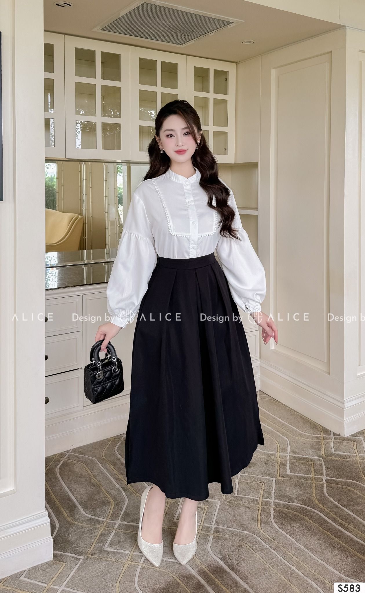  Set Áo Sơ Phối Chân Váy Dài Công Sở S583 