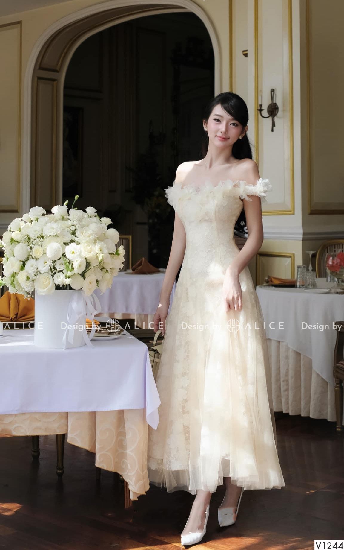  Váy Ren Tiểu Thư Trễ Vai Phối Lưới V1244 