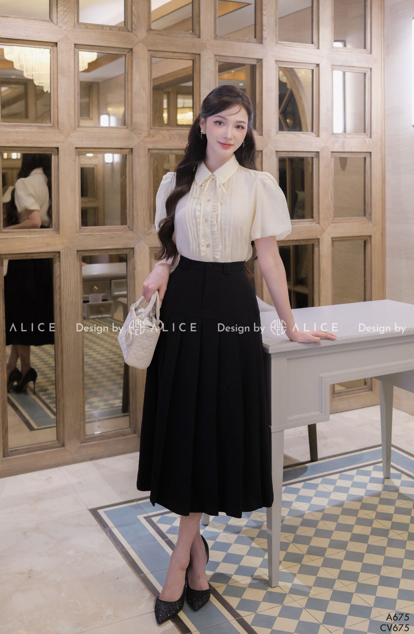  Set Áo Sơ Mi Cổ Đức Kèm Chân Váy Dáng Dài S675 