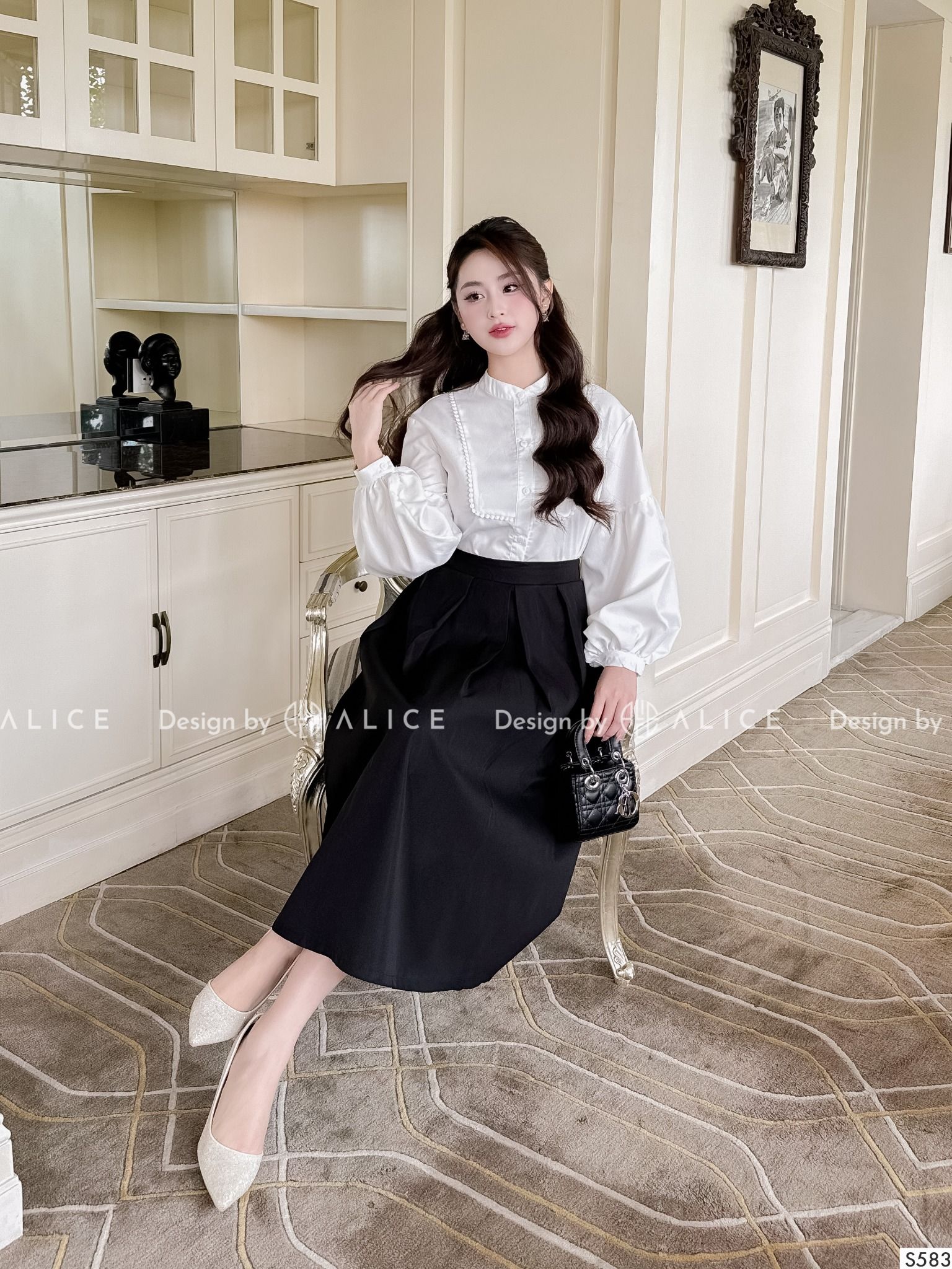  Set Áo Sơ Phối Chân Váy Dài Công Sở S583 