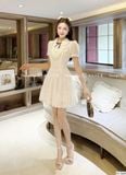  Váy Chất Tơ Bọt Chấm Bi Lót Lụa, Cổ Đính Đá, Kèm Nơ V1369 