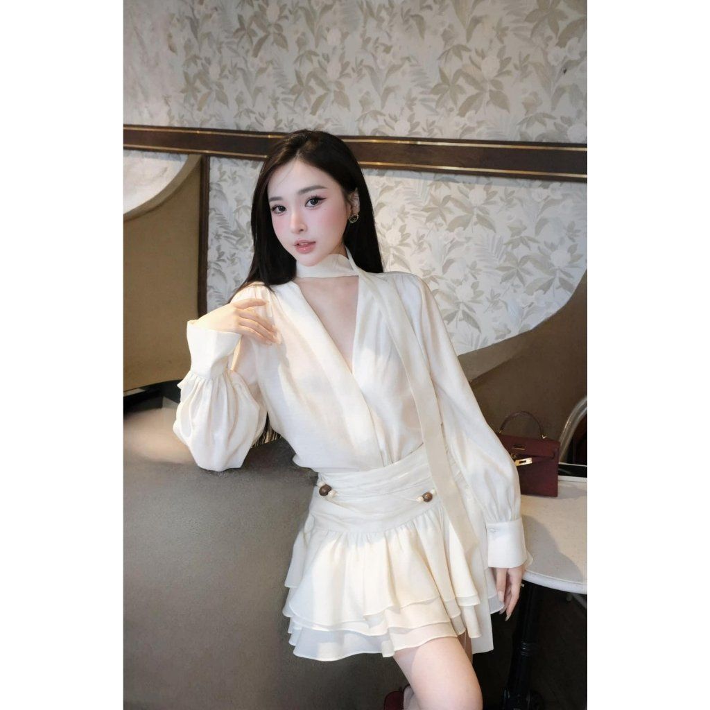  Set Áo Tơ Cổ V Đáp Chéo S682 