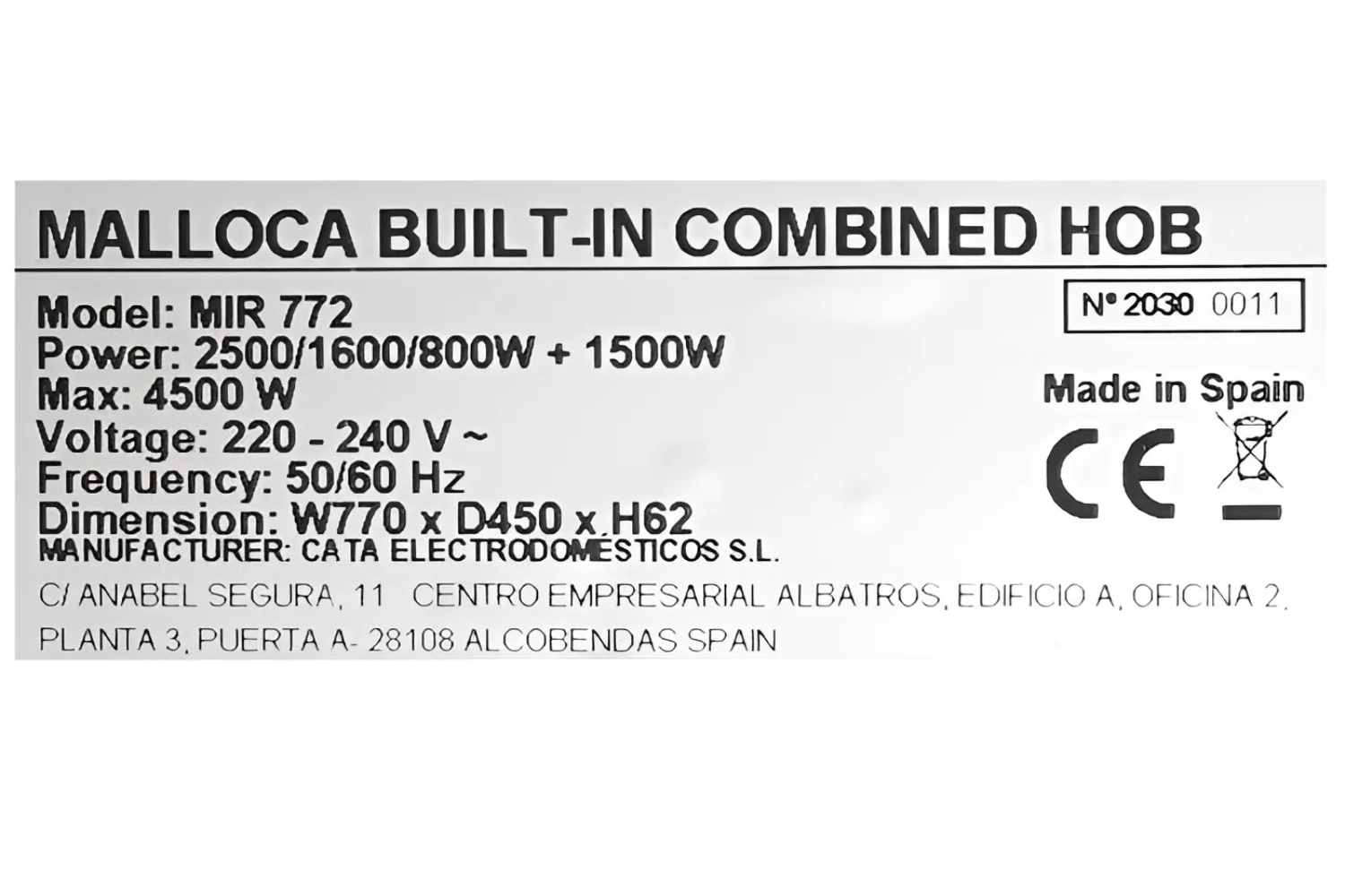 Bếp điện từ Malloca MIR 772