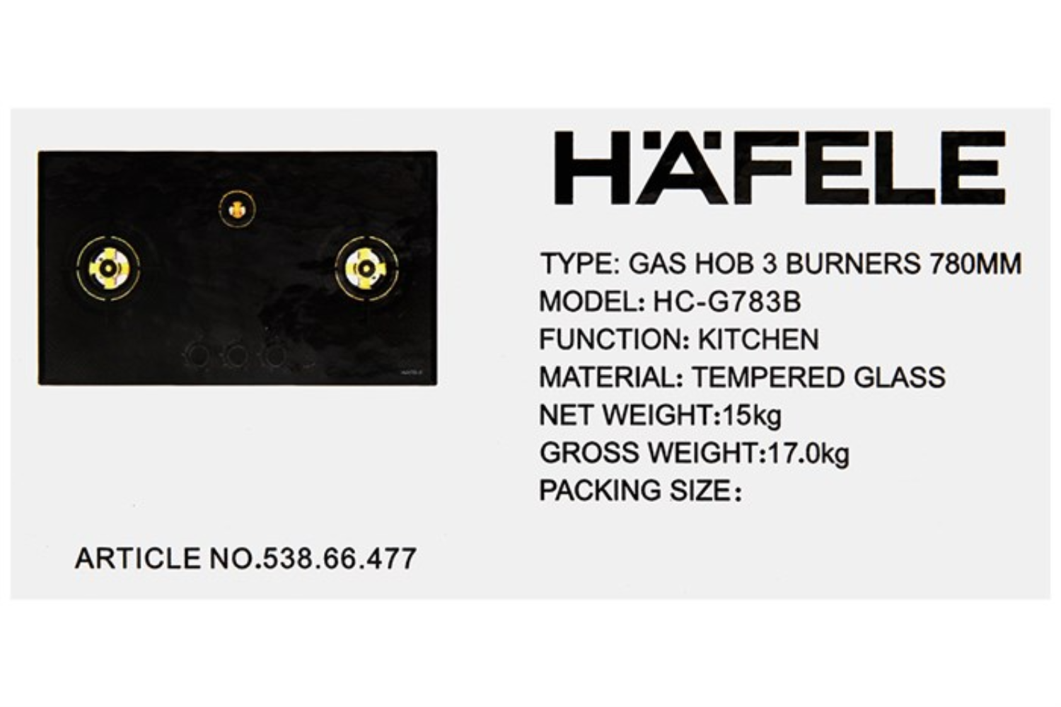 Bếp Gas Hafele HC-G783B (538.66.477) - Bếp Âm 03 Vùng Nấu