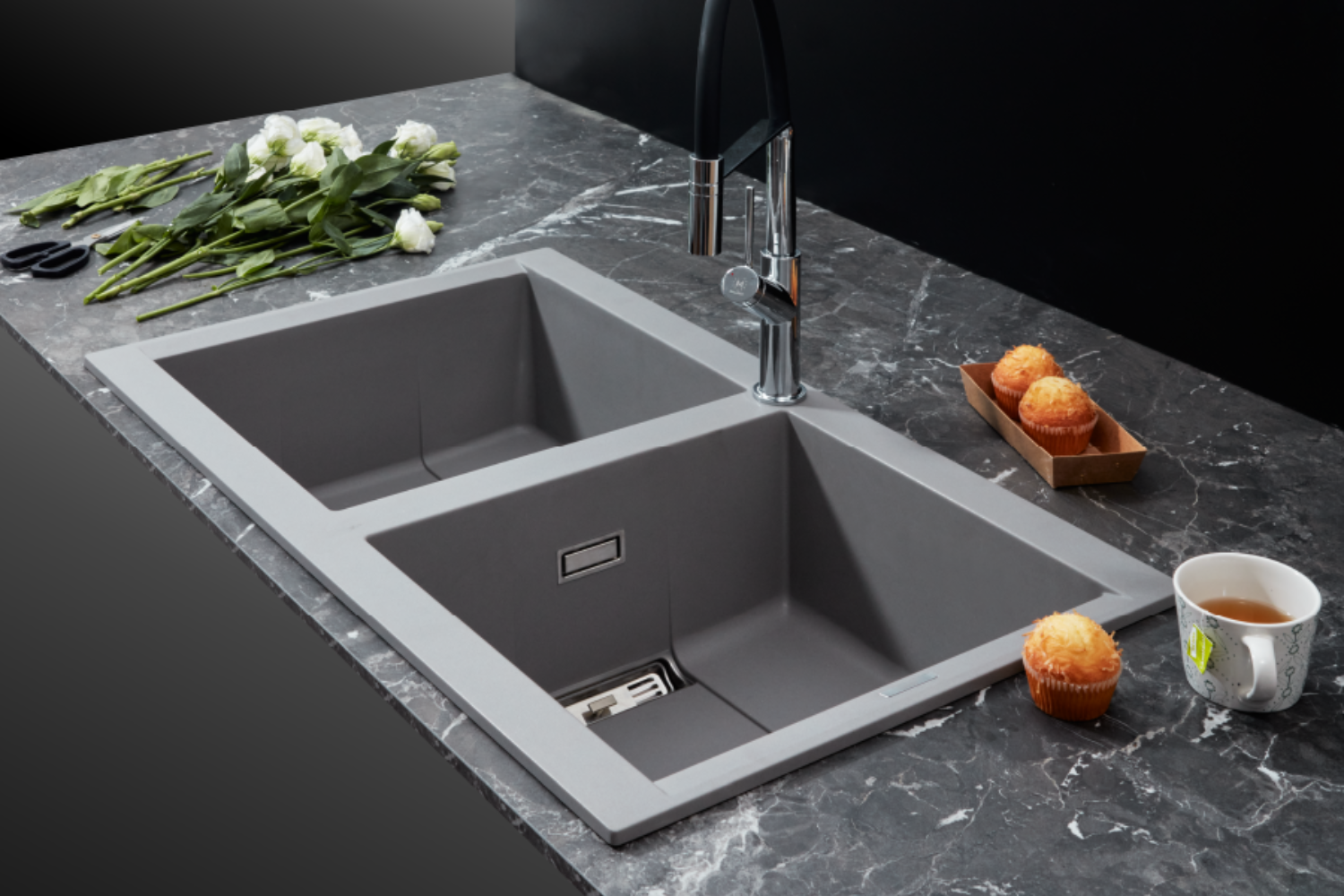 Chậu Rửa Bát 2 Hố Bằng Đá Granite Malloca SMART K-450 | Màu Xám