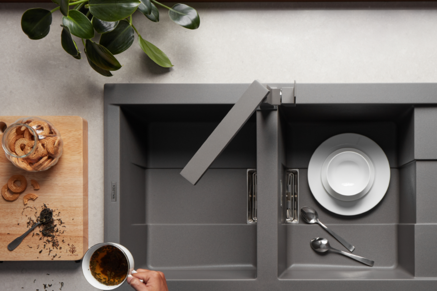 Chậu Rửa Bát 2 Hố Bằng Đá Granite Malloca SMART K-500 | Màu Xám