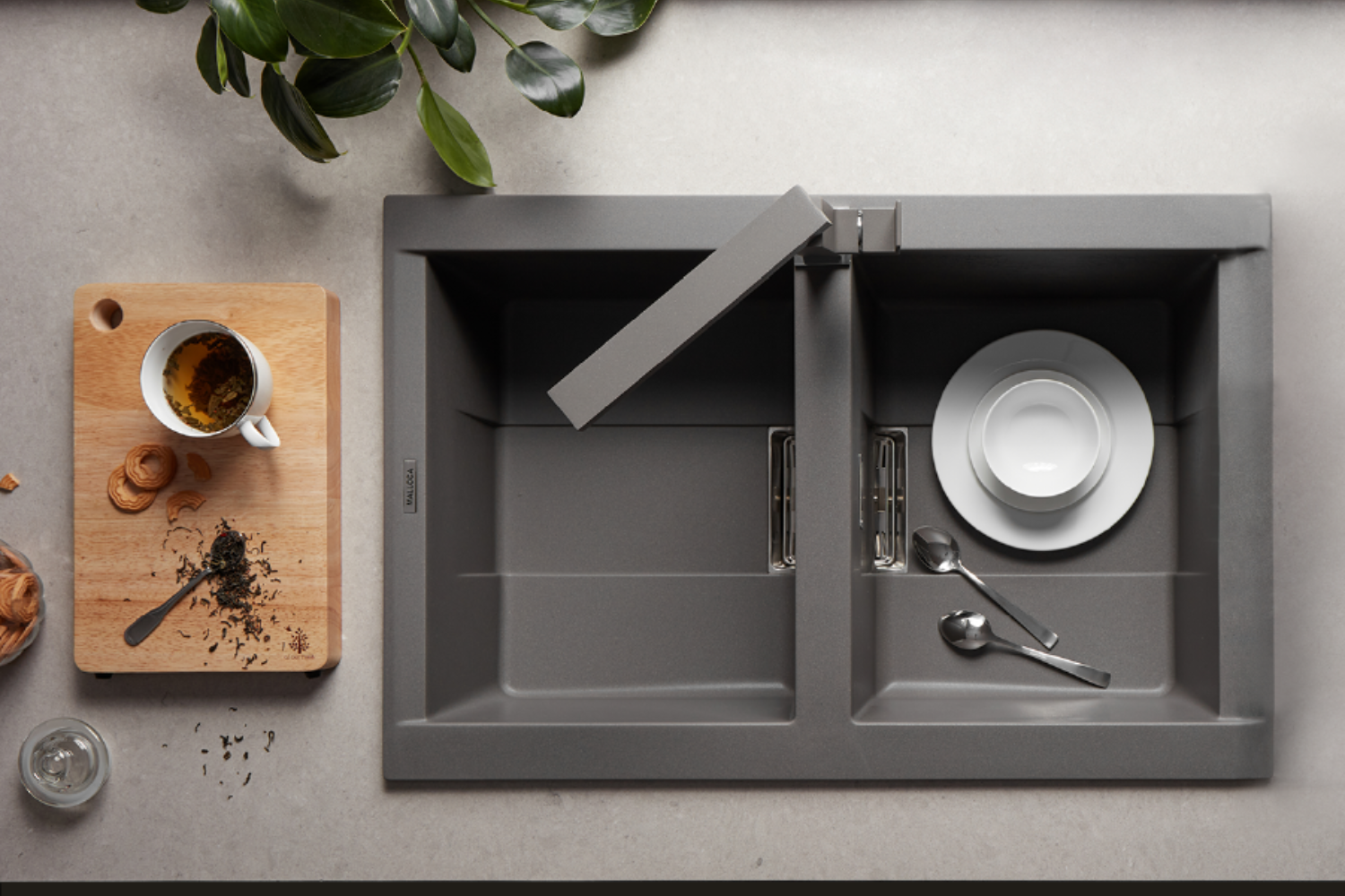 Chậu Rửa Bát 2 Hố Bằng Đá Granite Malloca SMART K-450 | Màu Xám