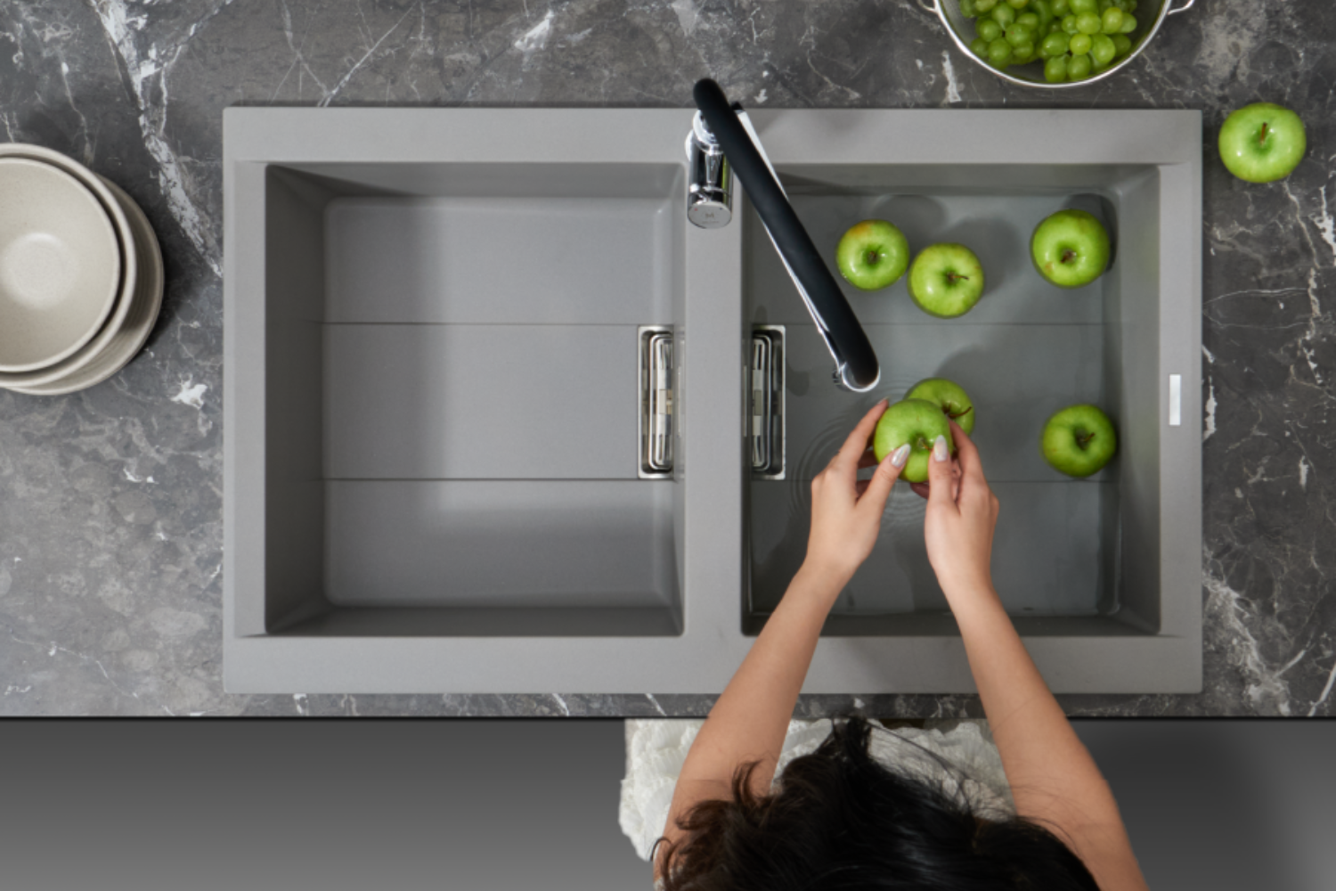 Chậu Rửa Bát 2 Hố Bằng Đá Granite Malloca SMART K-450 | Màu Xám