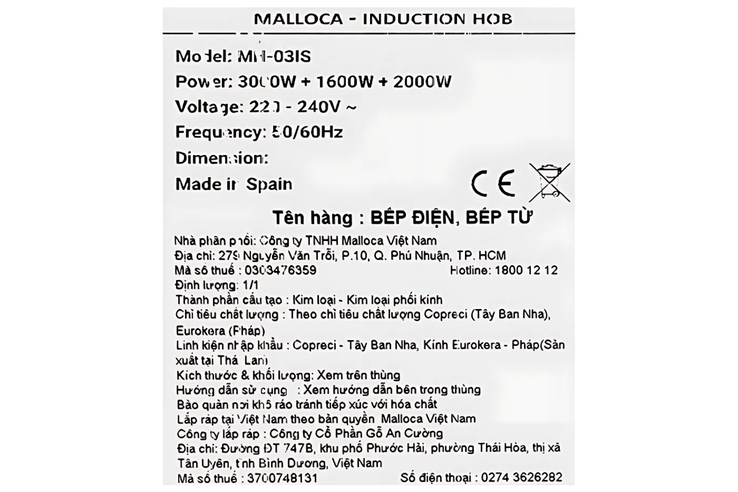 Bếp từ 3 vùng nấu Malloca MH-03IS