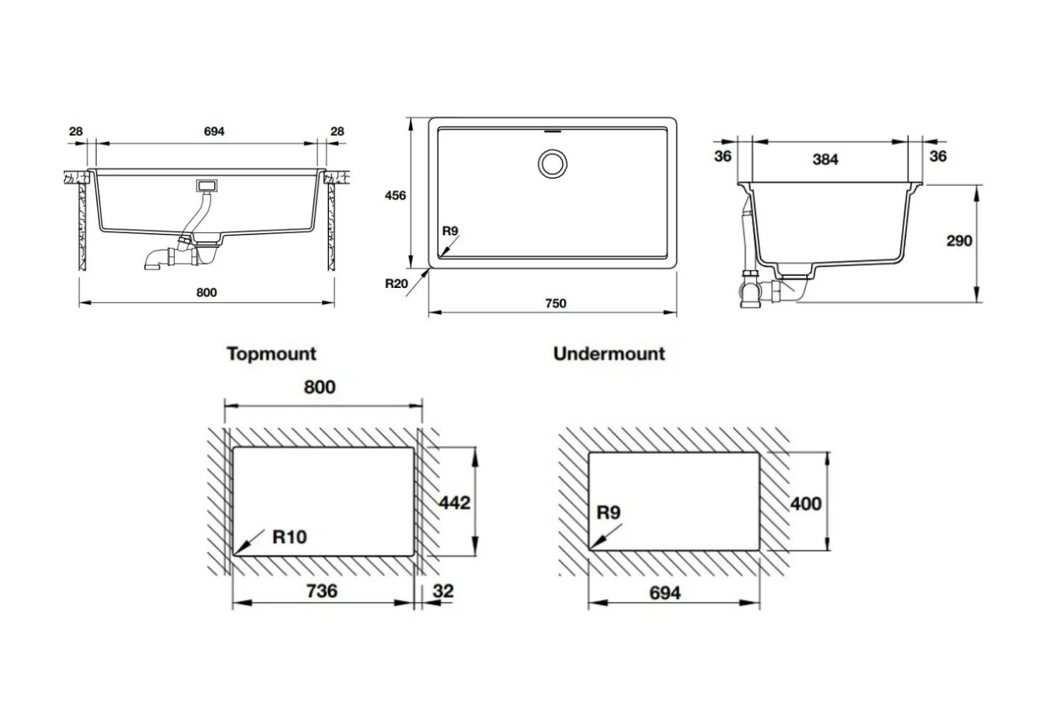 Chậu Rửa Bát 1 Hố Bằng Đá Granstone Hafele HS20-GEN1S80 (570.30.300) | Màu Đen