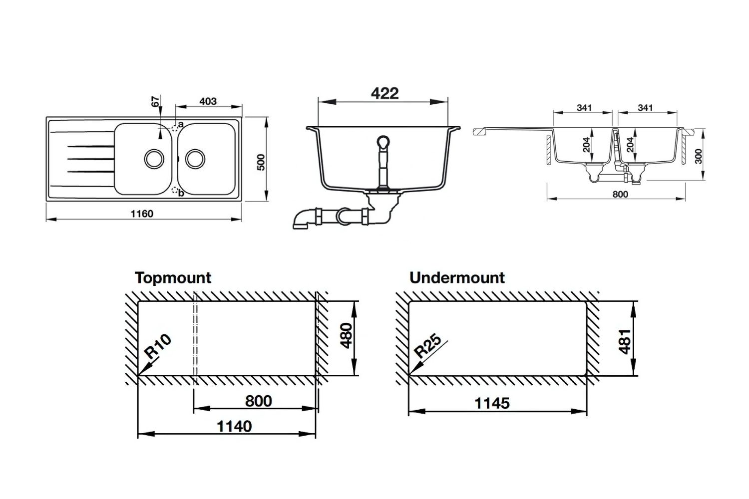 Chậu Rửa Bát 2 Hố Bằng Đá Granstone Hafele HS18-GED2R80 (570.35.360) | Màu Đen