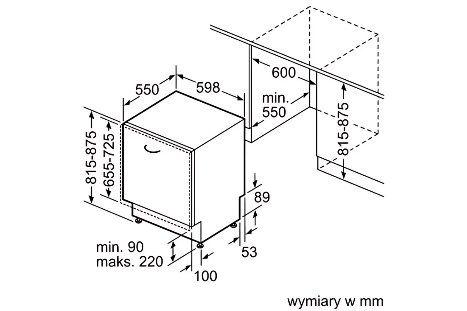 Kích thước lắp đặt âm tủ của máy rửa bát Bosch SMV4ECX14E Series 4