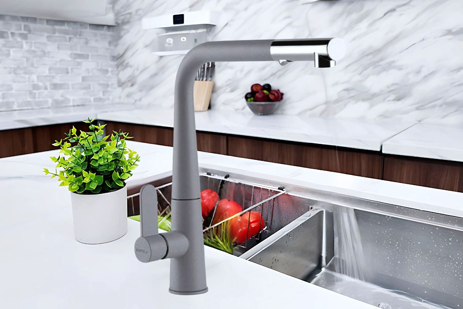 Vòi Rửa Bát Nóng Lạnh Dây Rút Hafele HT20-GH1P259 (570.82.400) | Đồng Thau Sơn Giả Đá, Màu Xám