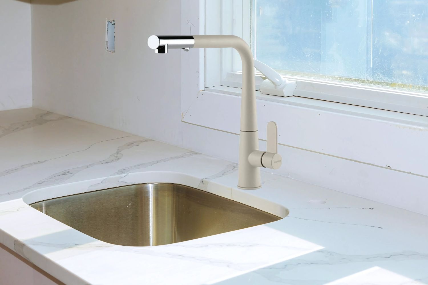 Vòi Rửa Bát Nóng Lạnh Dây Rút Hafele HT20-GH1P259 (570.82.500) | Đồng Thau Sơn Giả Đá, Màu Kem