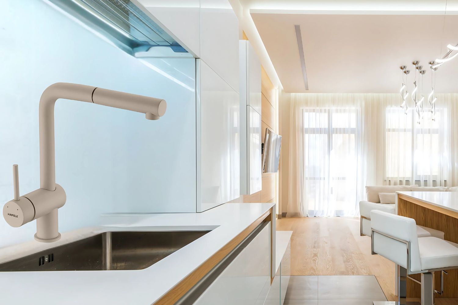 Vòi Rửa Bát Nóng Lạnh Dây Rút Hafele HT21-GH1P250 (577.55.290) | Đồng sơn giả đá, Màu Kem