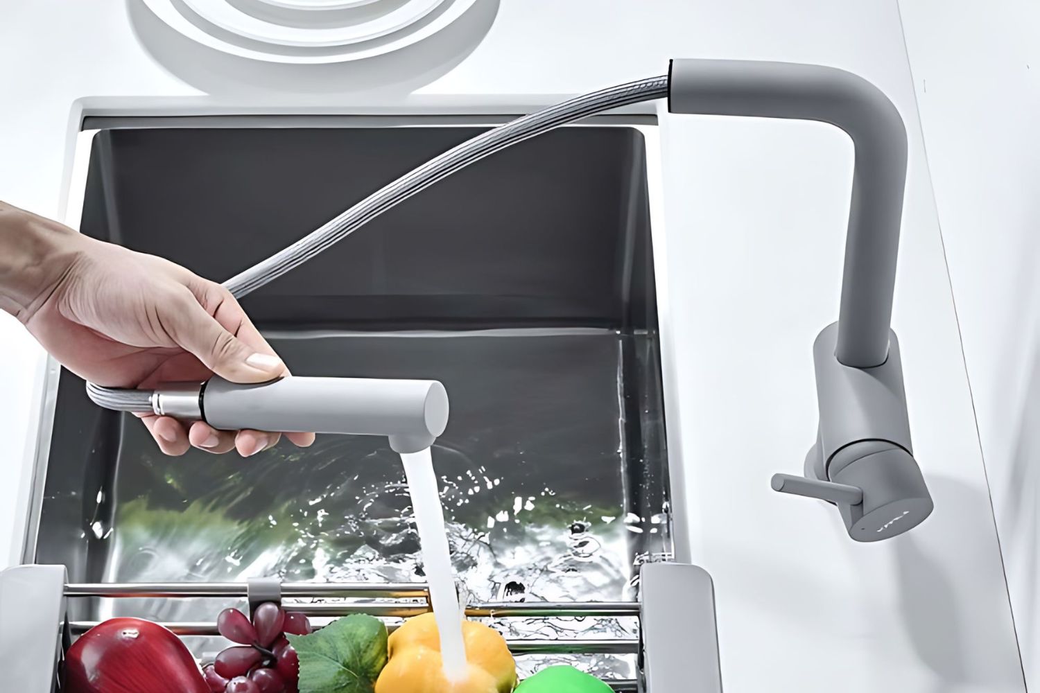 Vòi Rửa Bát Nóng Lạnh Dây Rút Hafele HT21-GH1P250 (577.55.590) | Đồng sơn giả đá, Màu xám