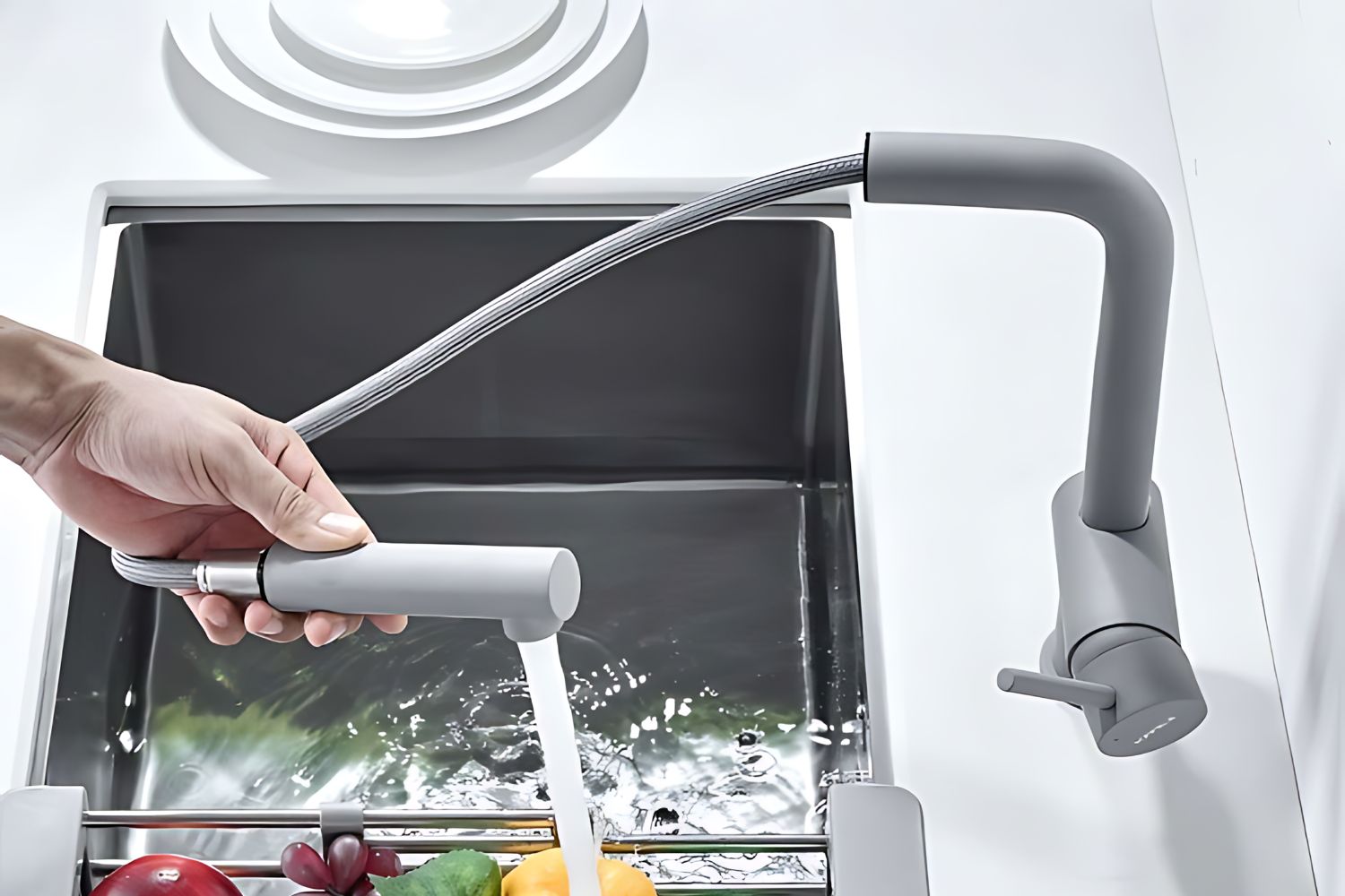 Vòi Rửa Bát Nóng Lạnh Dây Rút Hafele HT21-GH1P250 (577.55.590) | Đồng sơn giả đá, Màu xám