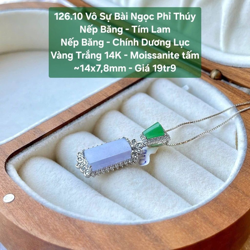 Vô Sự Bài Ngọc Phỉ Thuý Nếp Băng - Tím Lam Nếp Băng - Chính Dương Lục Vàng Trắng 14K - Moissanite Tấm ~14x7.8mm - 126.10