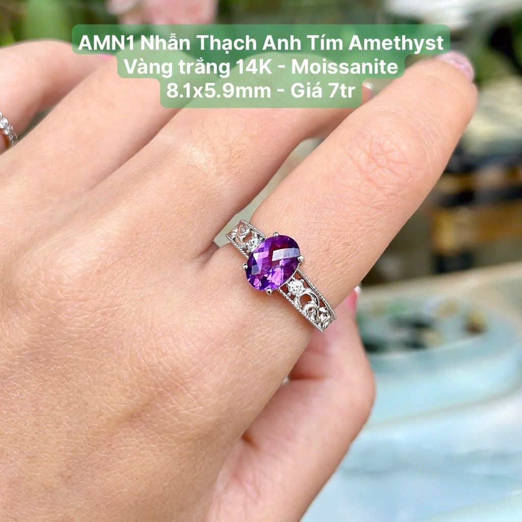 Nhẫn Thạch Anh Tím Amethyst VT 14k - Moissanite ~8.1x5.9mm AMN1