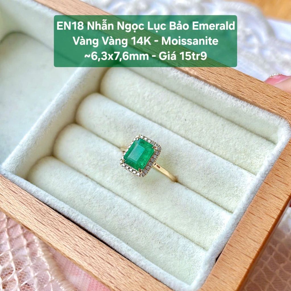 Nhẫn Ngọc Lục Bảo Emerald Vàng Vàng 14K - Moissanite ~6.3x7.6mm - EN18
