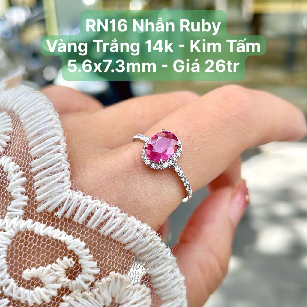 Nhẫn Ruby Vàng Trắng 14k Kim Cương Tấm 5.6x7.3mm RN16