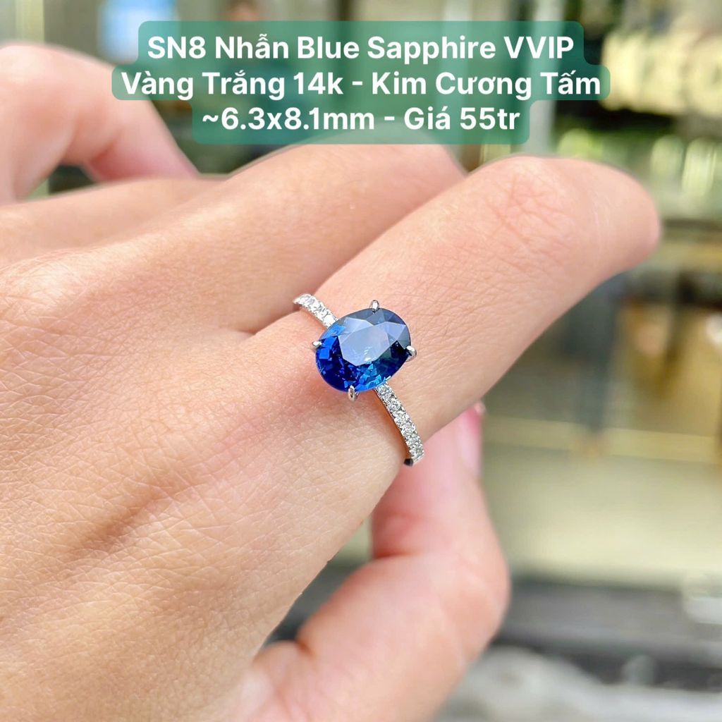 Nhẫn Blue Sapphire VVIP  Vàng Trắng 14k - Kim Cương Tấm  ~6.3x8.1mm SN8
