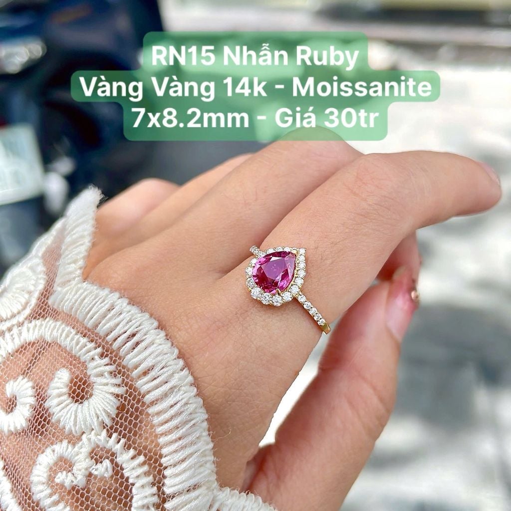 Nhẫn Ruby Vàng Vàng 14k Moissanite 7x8.2mm RN15