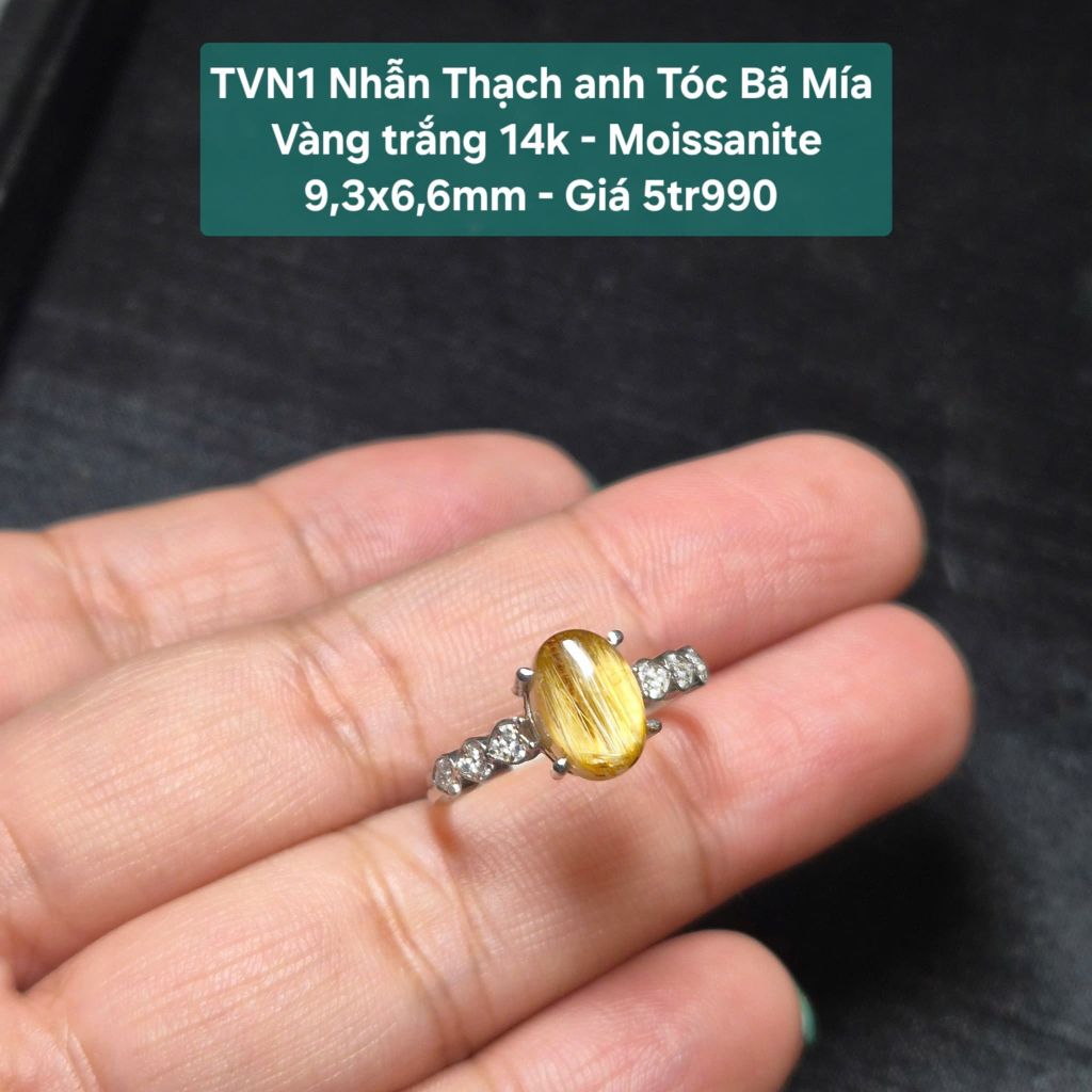 Nhẫn Thạch Anh Tóc Bã Mía VT14 - Moissanite 9,3x6,6mm TVN1