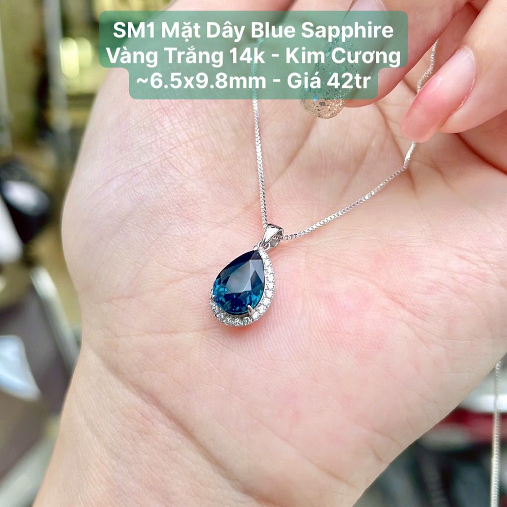 Mặt Dây Blue Sapphire Vàng Trắng 14K - Kim Cương ~6.5x9.8mm - SM1