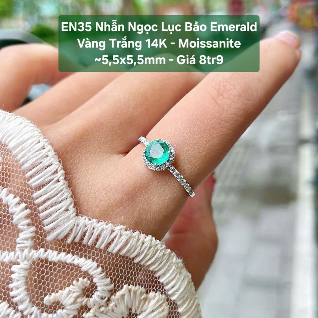 Nhẫn Ngọc Lục Bảo Emerald Vàng Trắng 14K - Moissanite ~5.5x5.5mm - EN35