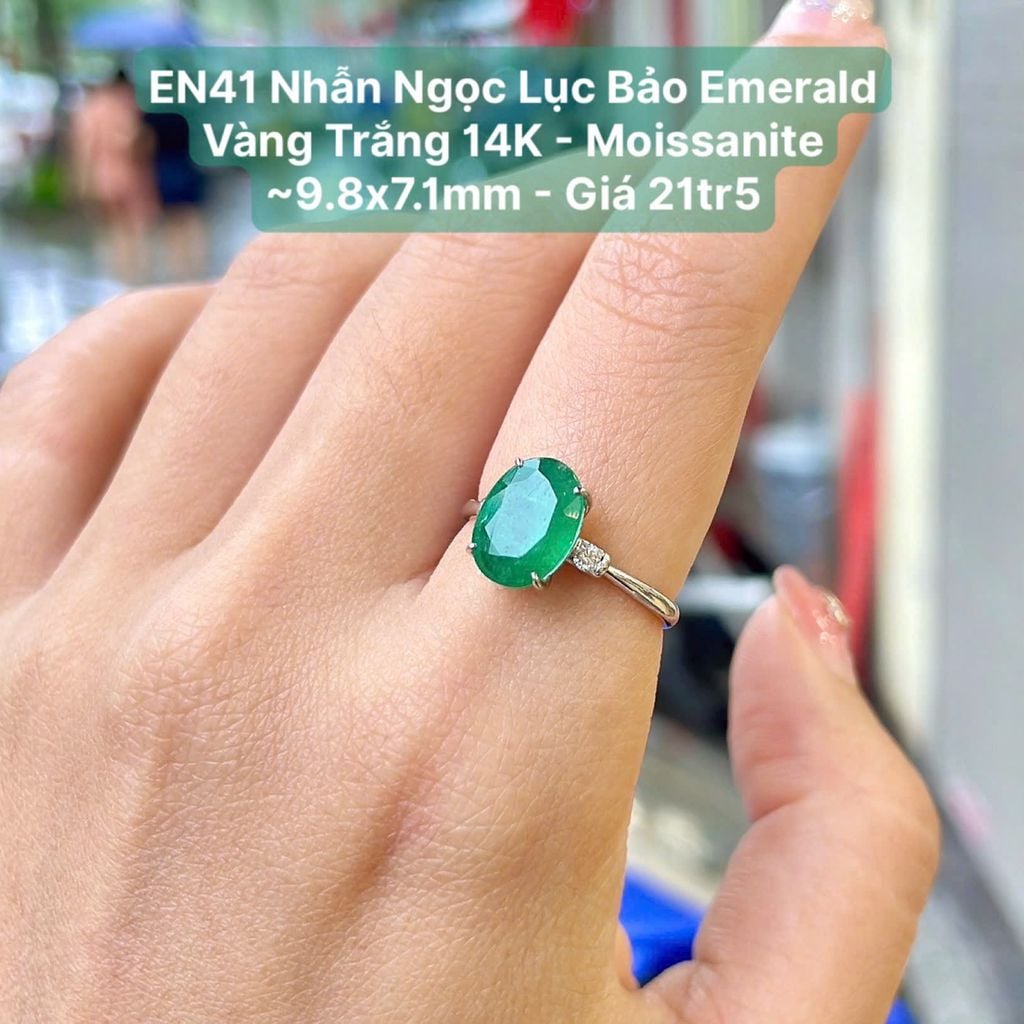 Nhẫn Ngọc Lục Bảo Emerald  Vàng Trắng 14K - Moissanite ~9.8x7.1mm EN41