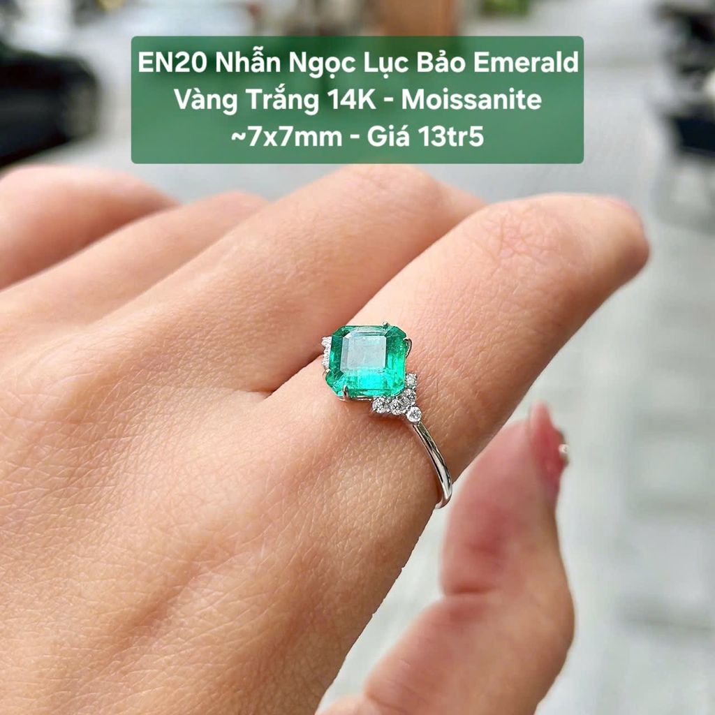 Nhẫn Ngọc Lục Bảo Emerald Vàng Trắng 14K - Moissanite ~7x7mm - EN20